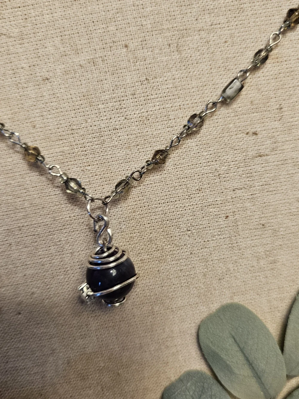 Silver Black Obsidian  Bead Pendant Necklace - Handmade